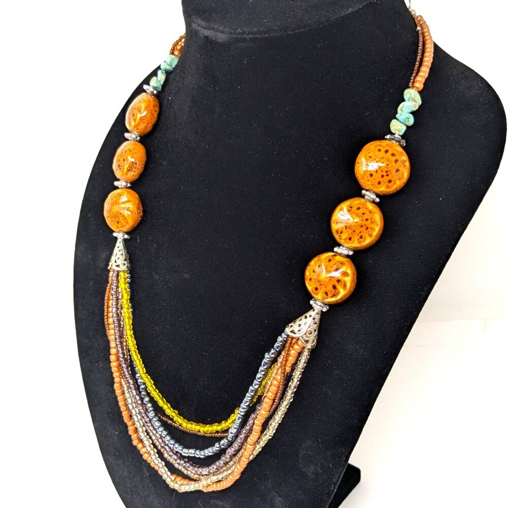 Cg Art Glass Multi Strand Bead Boho Necklace Silvertone Turquoise Earthy Ethnic